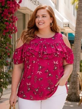 Lane Bryant Womens Top Size 18 20 Pink Floral Cold‎ Shoulder Bird of Paradise